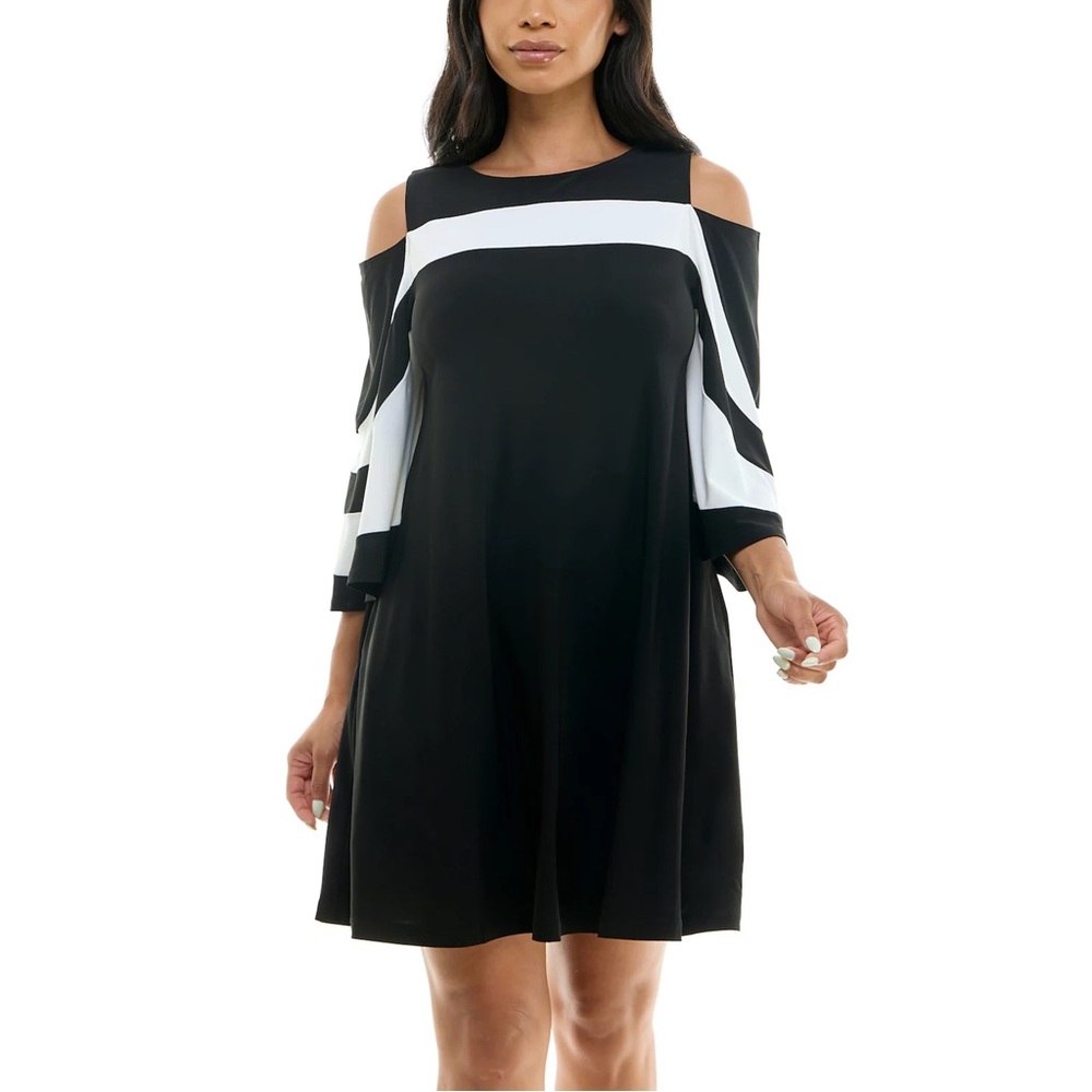 Nina Leonard Black & White Cold-Shoulder A-Line Mini Dress
